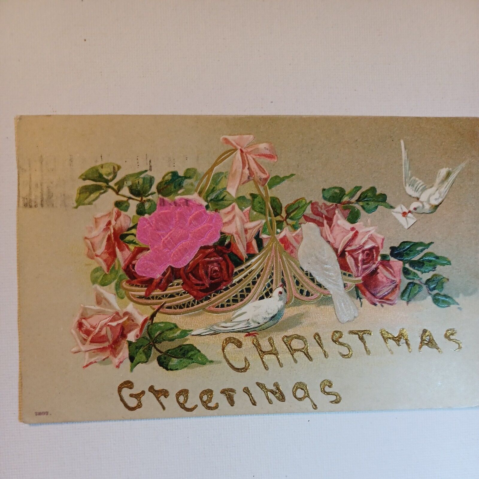 EARLY 1907 Christmas GREETINGS Hand GLITTERED EMBOSSED FLOWERS Doves Franklin 
