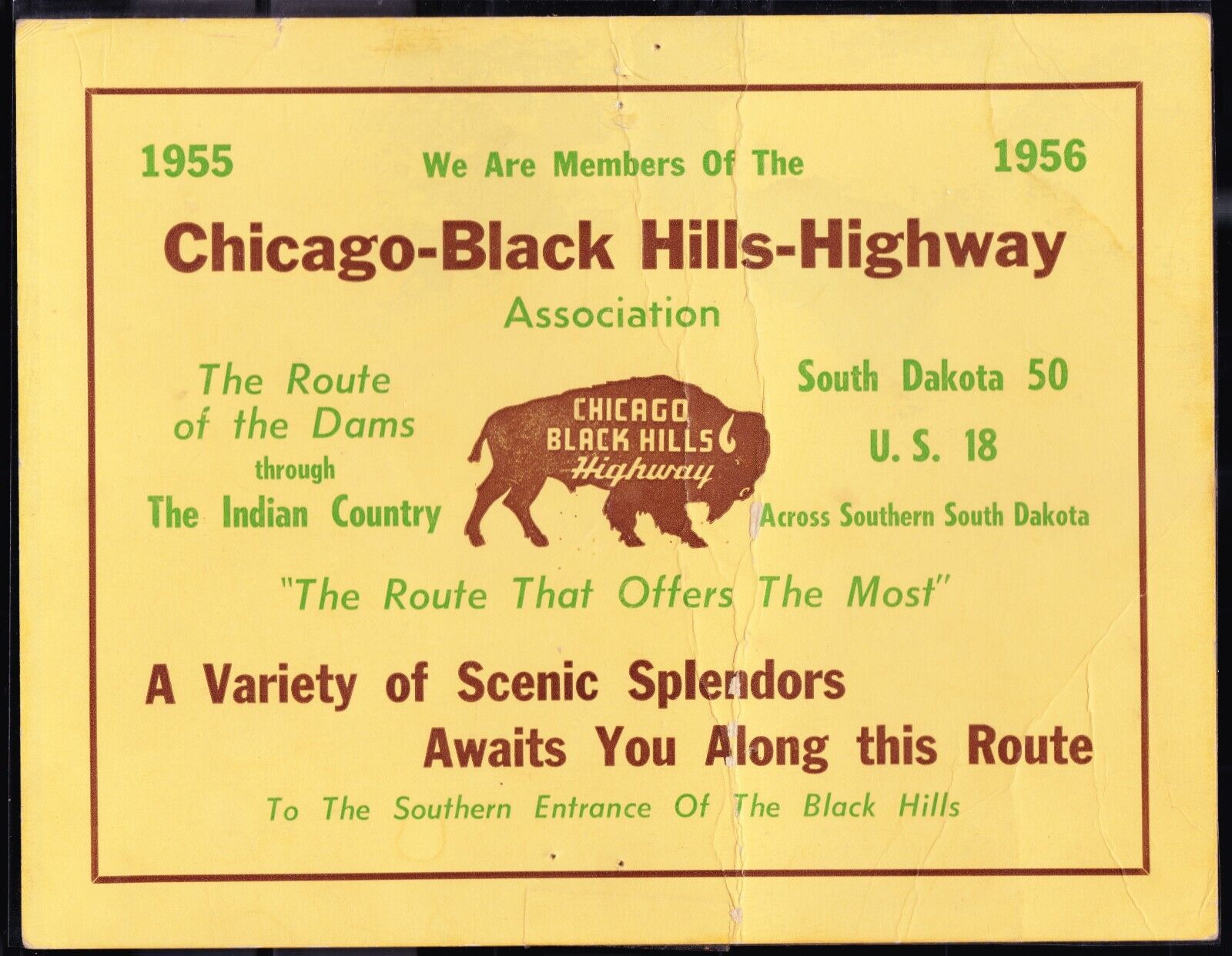 Chicago Black Hills Highway Members Certificate 1955 1956 US Hwy 18 SD 50 & Dams