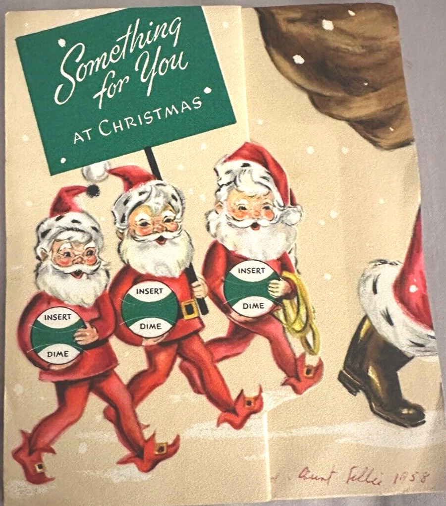 Vintage 1950s Gibson Money Christmas Card W/10 Silver Dime Slots Pink Santa Elf