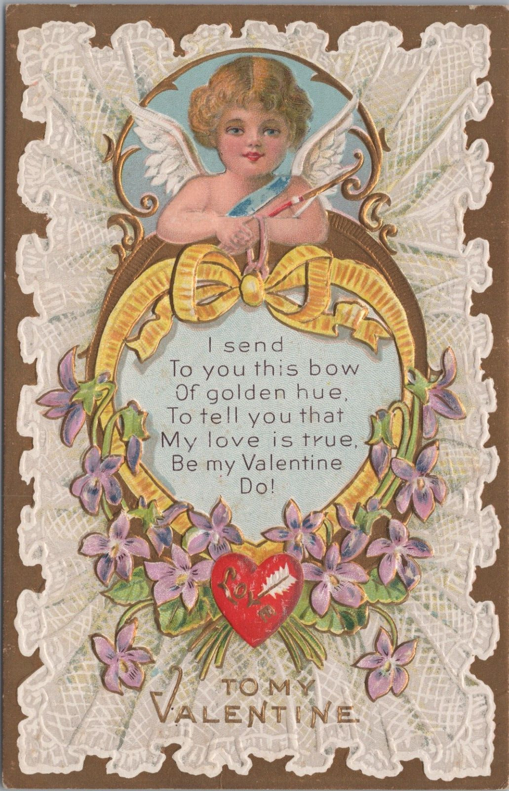 Postcard Valentine Golden Bow Gold Gilt Cupid Valentine Series 2 Forget Me Nots