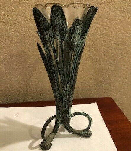 ART DECO Metal Vase w/ Glass Insert ~ Metal Leaves ~ Exc Condition