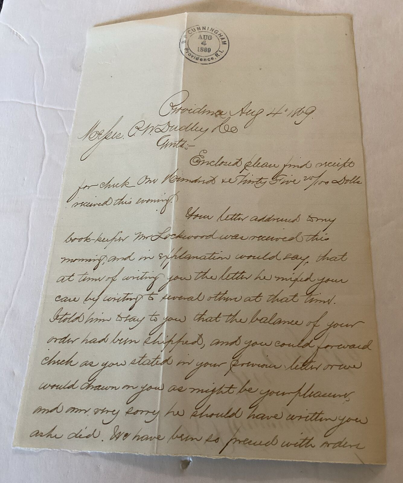 1869 Handwritten Letter Signed B P Cunningham Id’d Signed Providence RI