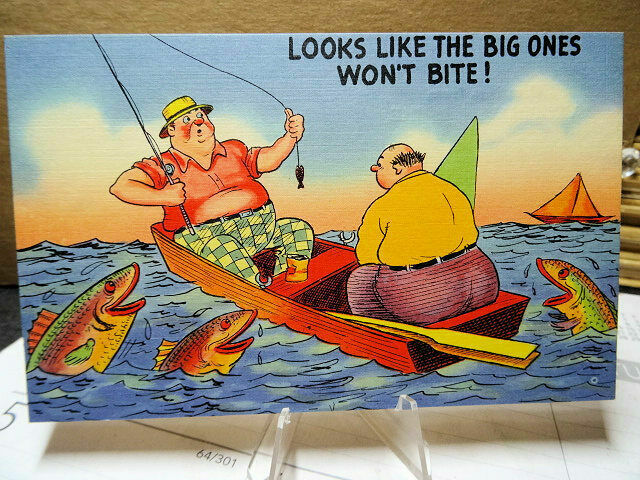 Linen Postcard Comic Topical Looks Like The Big Ones Won\'t Bite
