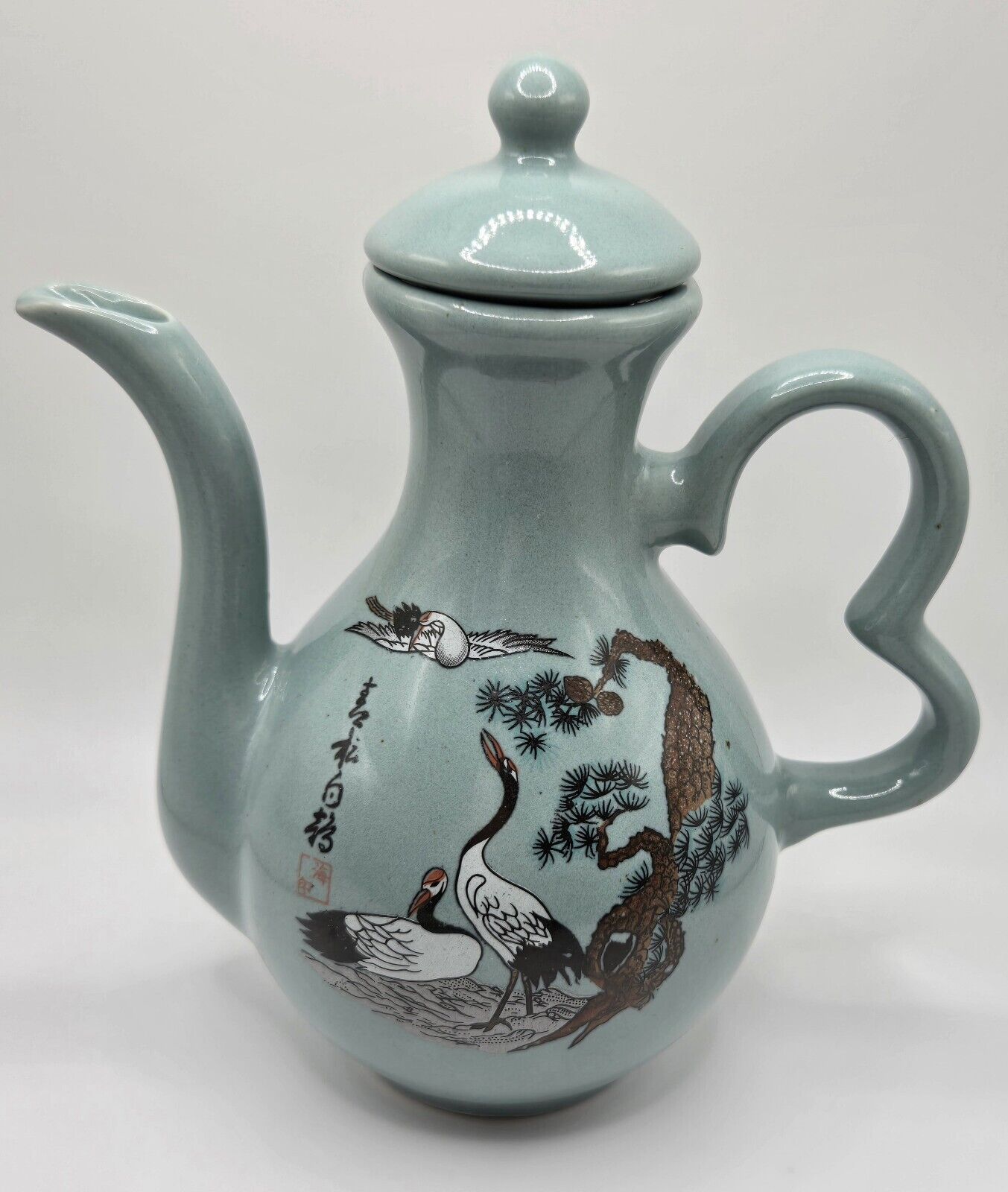  Japanese Ceramic Teapot Crane Heron Birds Motif Celadon Green 7.0”