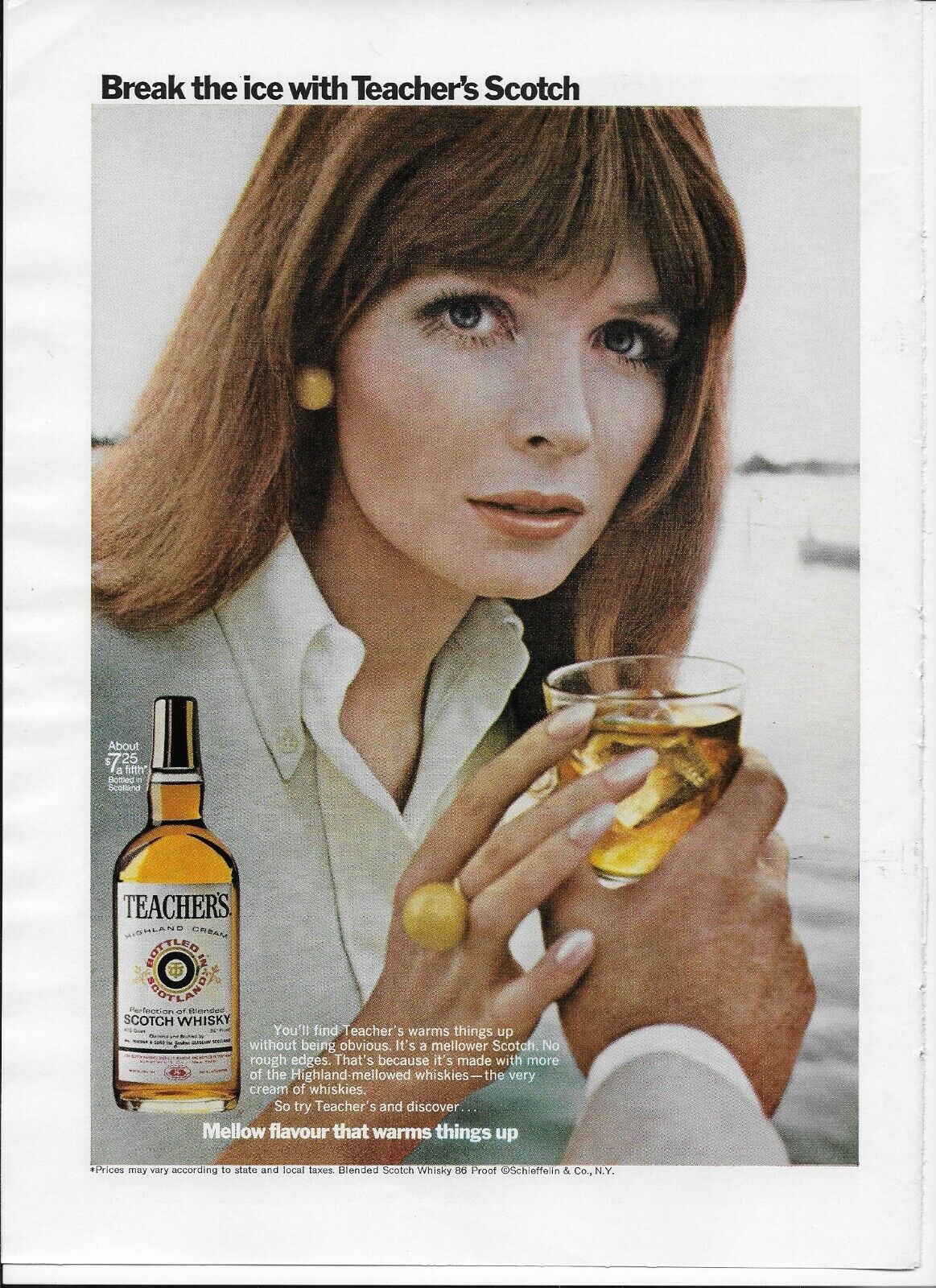 1968 Teacher\'s Scotch Whisky Auburn Hair Blue Eyes Girl Original Poster Print Ad