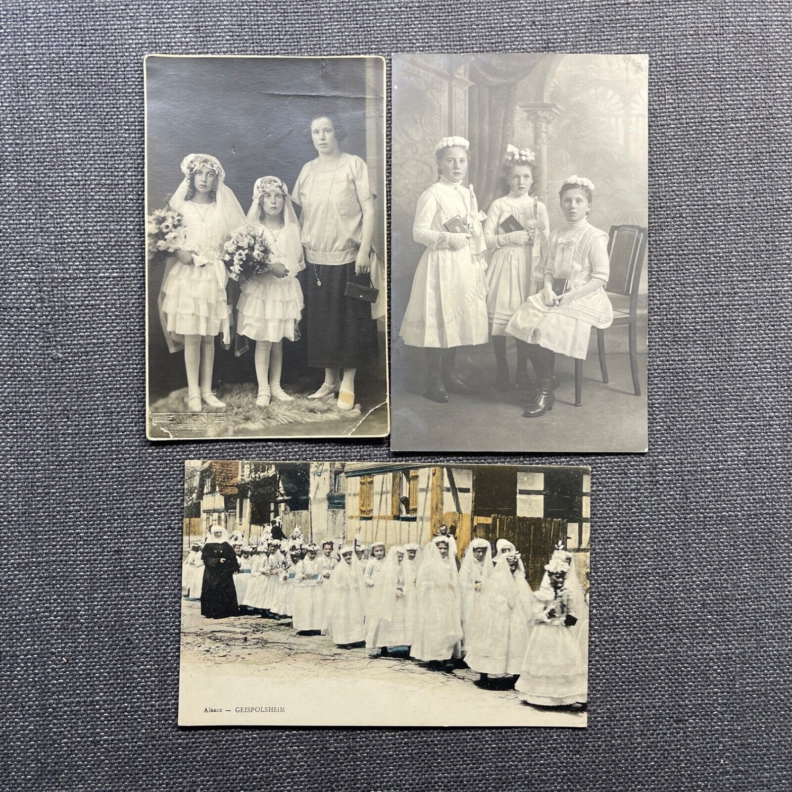 Antique Postcard Lot of 3 RPPC Children First Communion Procession Groups Tinted