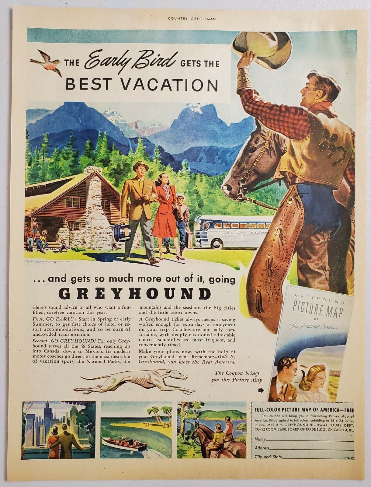1947 Print Ad Greyhound Buses Cowboy & Family Bus by Mountains