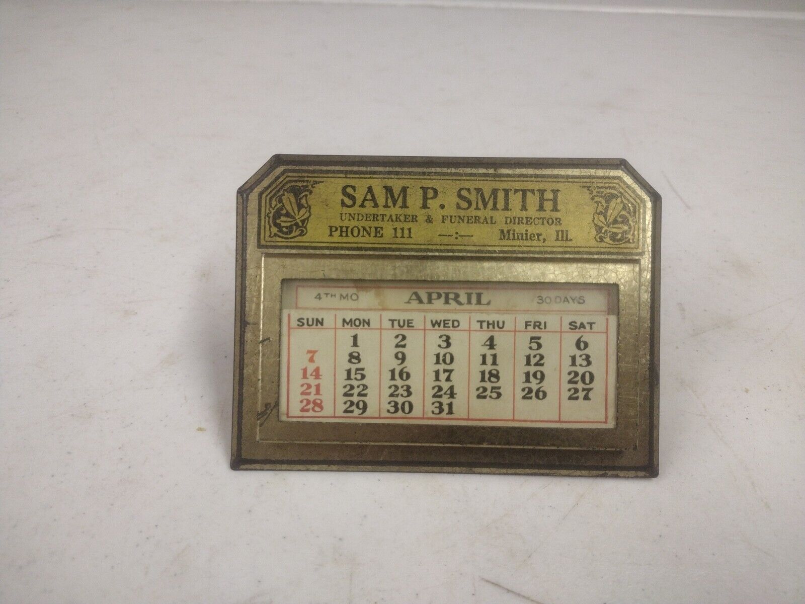 Vintage Minier Il Sam Smith - Undertaker Funeral Advertising Perpetual Calender