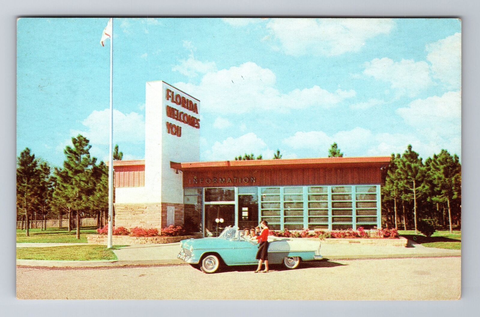 FL-Florida, Florida Information Station, Vintage Car, Vintage Souvenir Postcard