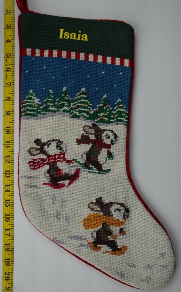 LANDS END Bunnies Snowshoes Wool Needlepoint Christmas Stocking Monogram ISAIA