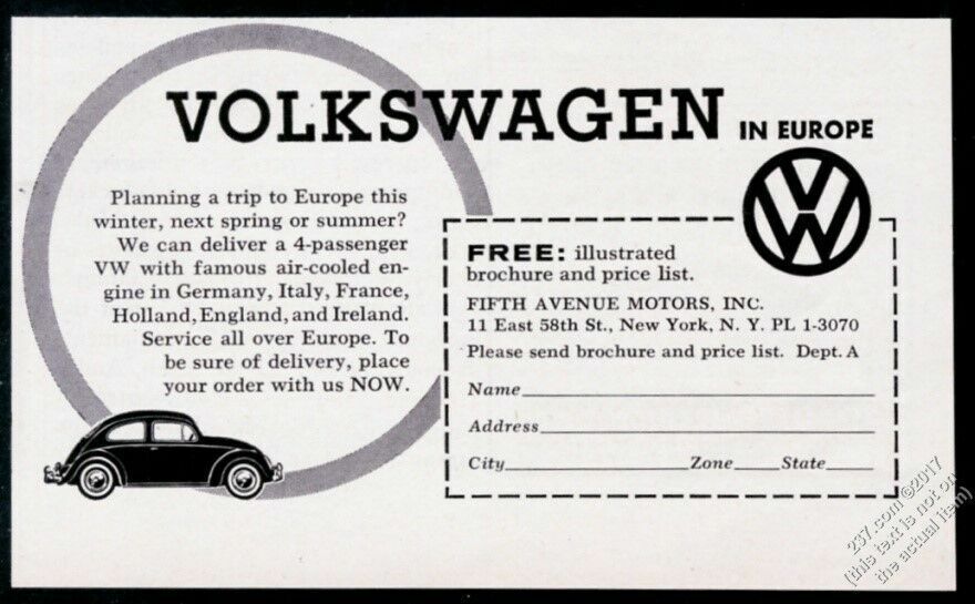 1958 VW Volkswagen Beetle illustrated vintage print ad