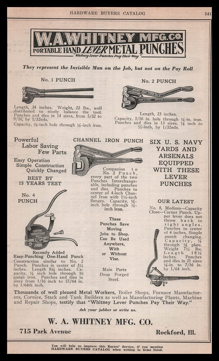 1924 W. A. Whitney Rockford Illinois Portable Hand Lever Metal Punches Print Ad