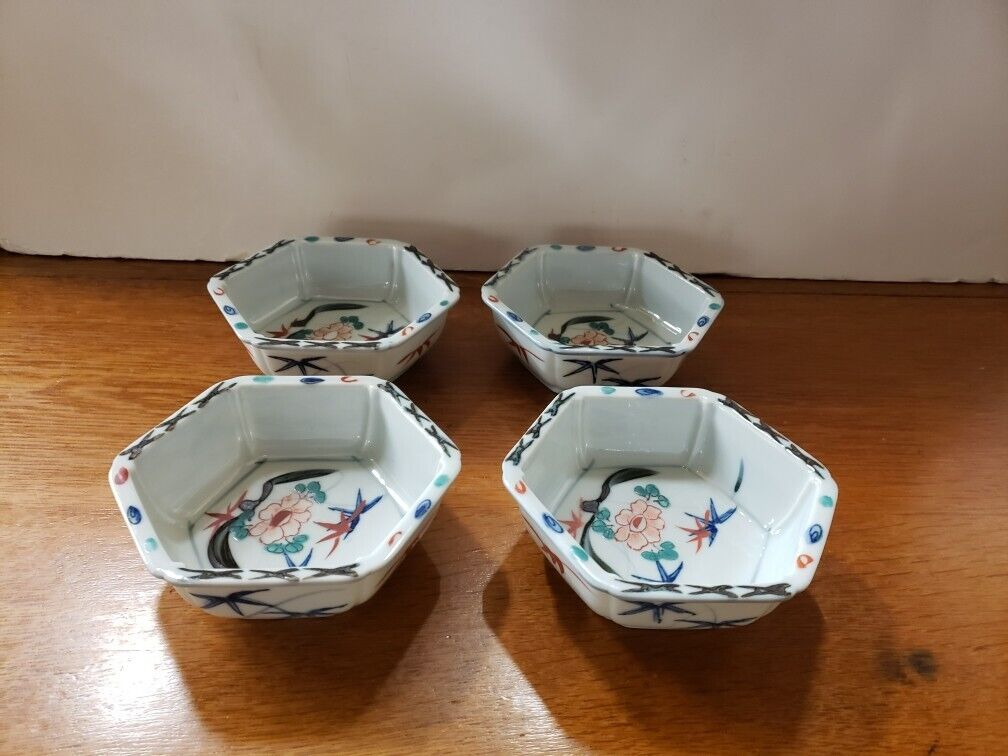 Set of 4 Cir. 1920 Japanese Kakiemon Porcelain Floral/Bird Motif Hexagonal Bowls