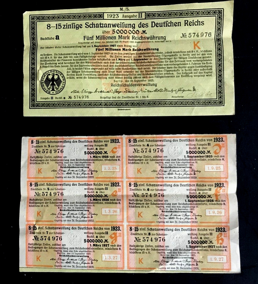 1923 5,000,000 SCHATZANWEIFUNG Mark TREASURY BOND Banknote, W Coupons #574976