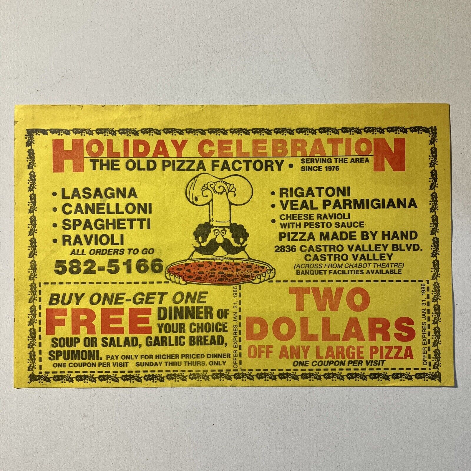 Vintage The Old Pizza Factory Coupon Flyer Castro Valley, Ca