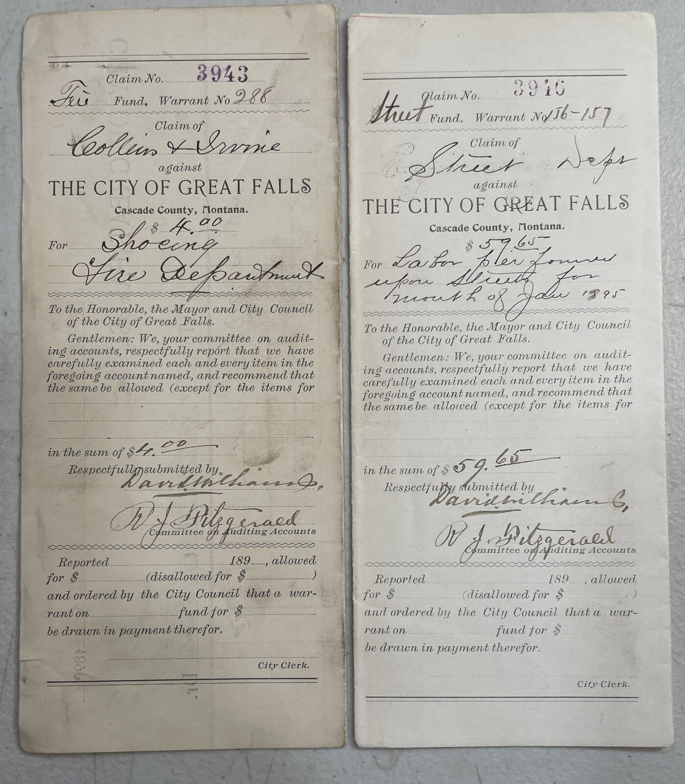 Great Falls, MT 1895 Letterhead:Claims Against The City-Fire Department