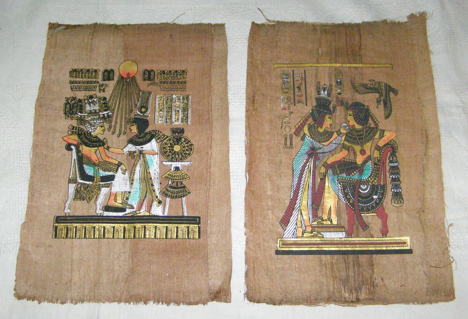 VINTAGE PAIR EGYPTIAN WATERCOLOR AND INK DRAWINGS ON PAPYRUS-DEITIES+HIEROGLYPHS