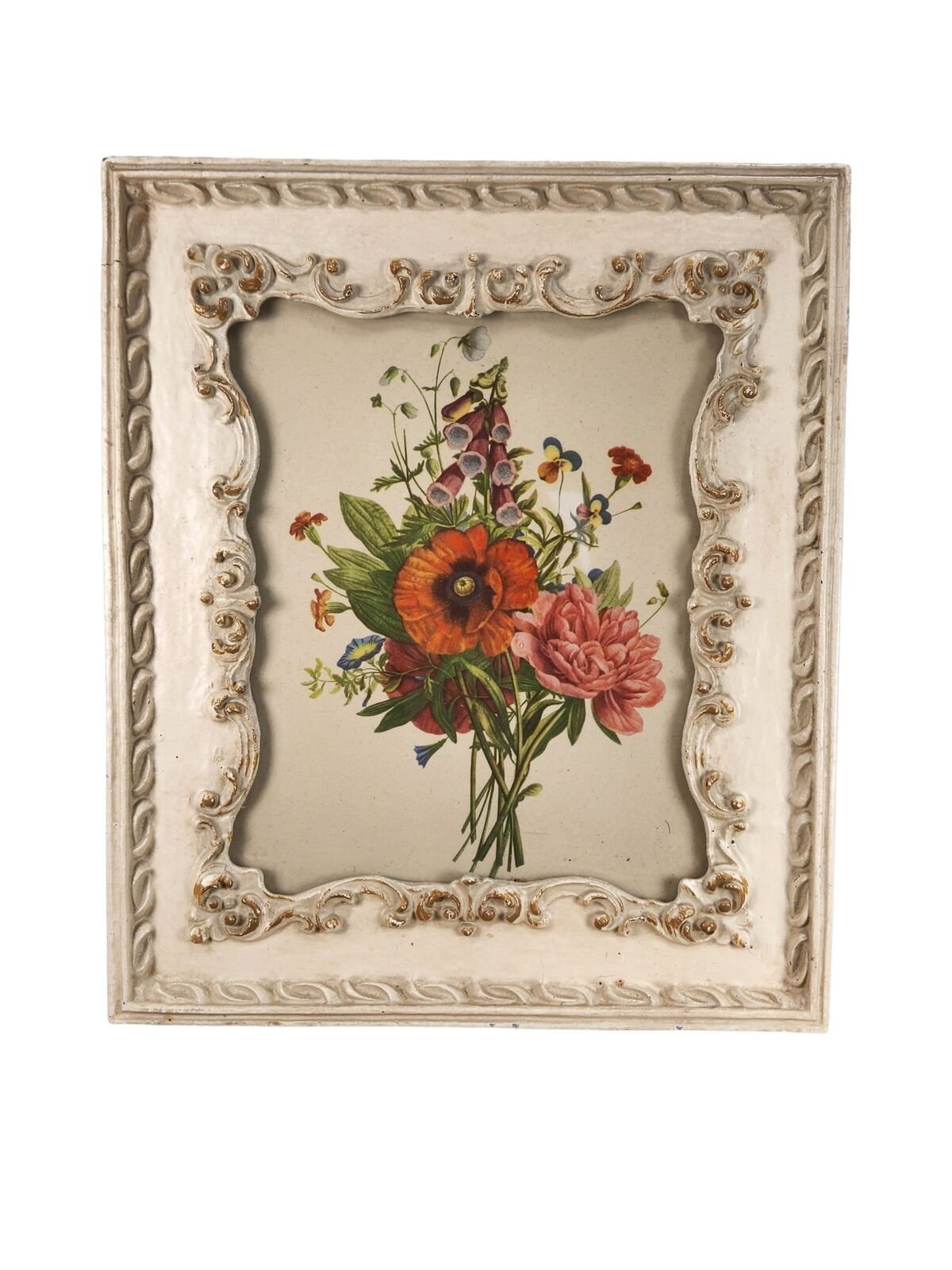 ANTIQUE French Plaster Frame Cream & 1800s Botanical Print Gold Gilt 8x10