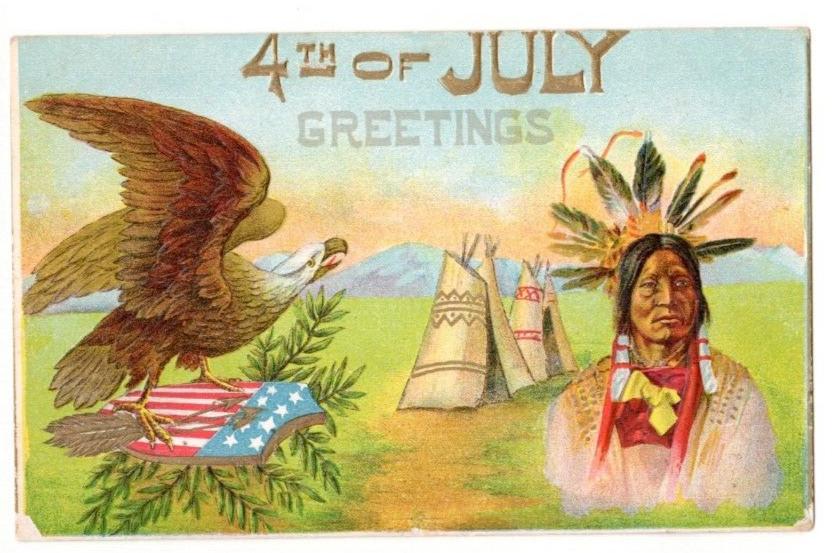 Antique 4TH OF JULY POSTCARD PATRIOTIC AMERICAN INDIAN TENTS, EAGLE, 1909