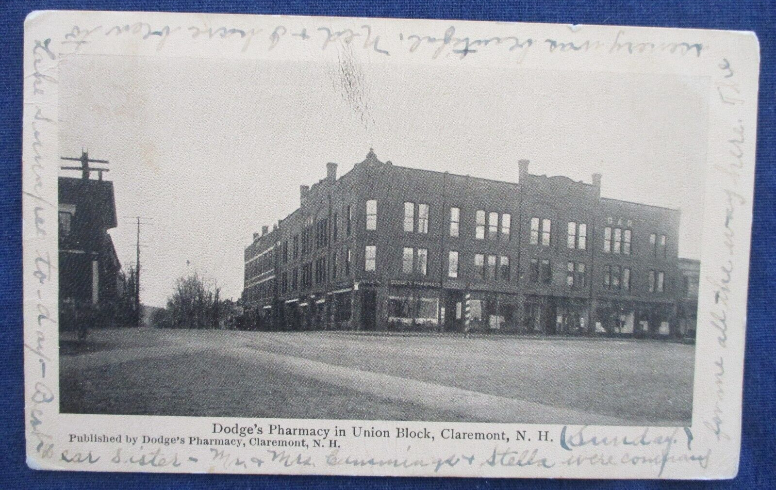 1907 Claremont New Hampshire Dodge\'s Pharmacy in Union Block Postcard & Cancel