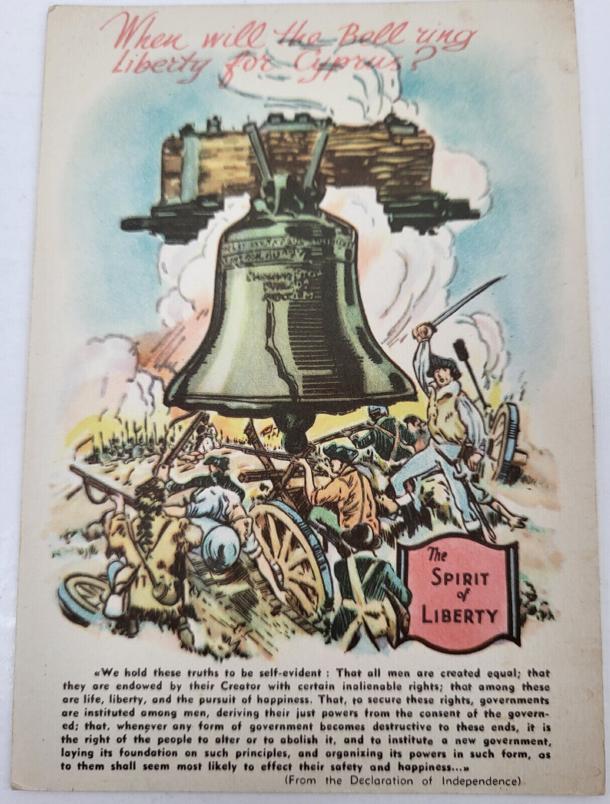 RARE VINTAGE 1956 PC GREEK CYPRIOTS CYPRUS INDEPENDENCE FUNDRAISER LIBERTY BELL