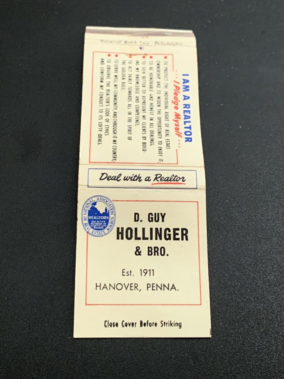 Vintage Pennsylvania Matchbook “D Guy Hollinger & Bro” Hanover, PA