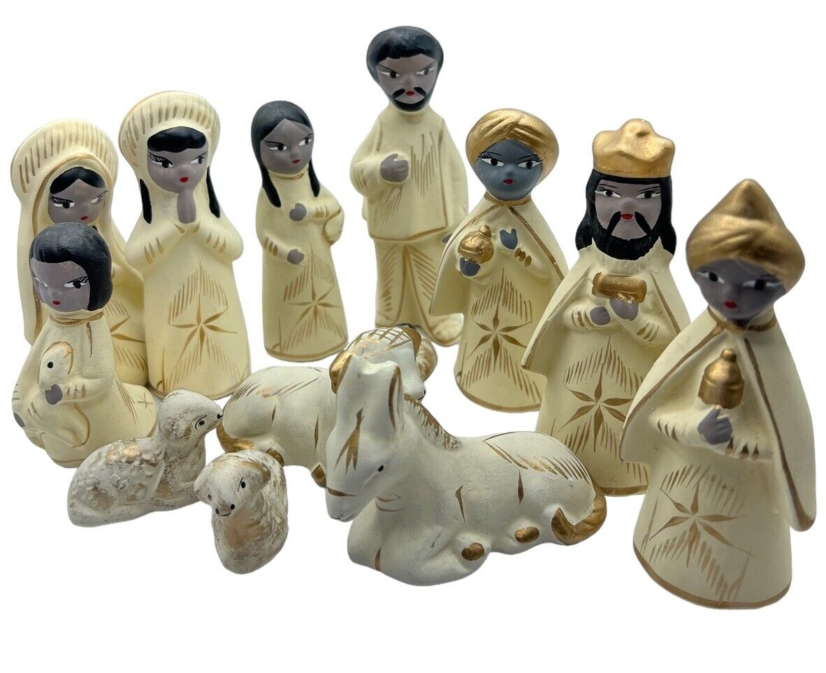 Vintage Mexican Nativity Set Figurines Pottery Cream Gold Hand Painted Set of 13