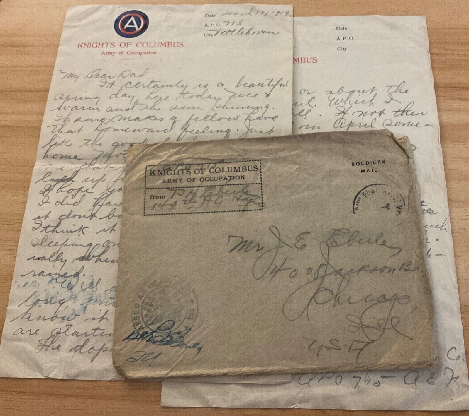 WWI AEF letter 149th FA Hq Co, rheumatism from sleeping on the floor, payday