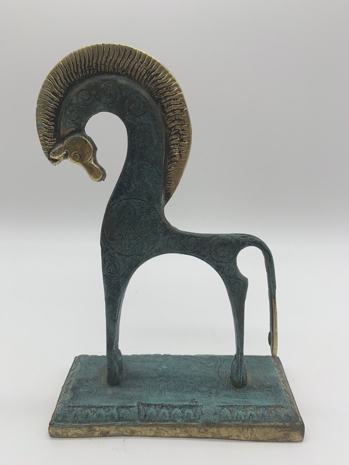 FREDERICK WEINBERG STYLE ETRUSCAN HORSE ON BASE BRASS W/VERDE PATINA