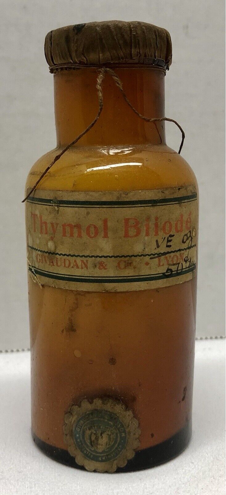Rare Vintage Amber Glass Medicine Bottle Thymol Biiode Givaudan Pharmacy Sealed