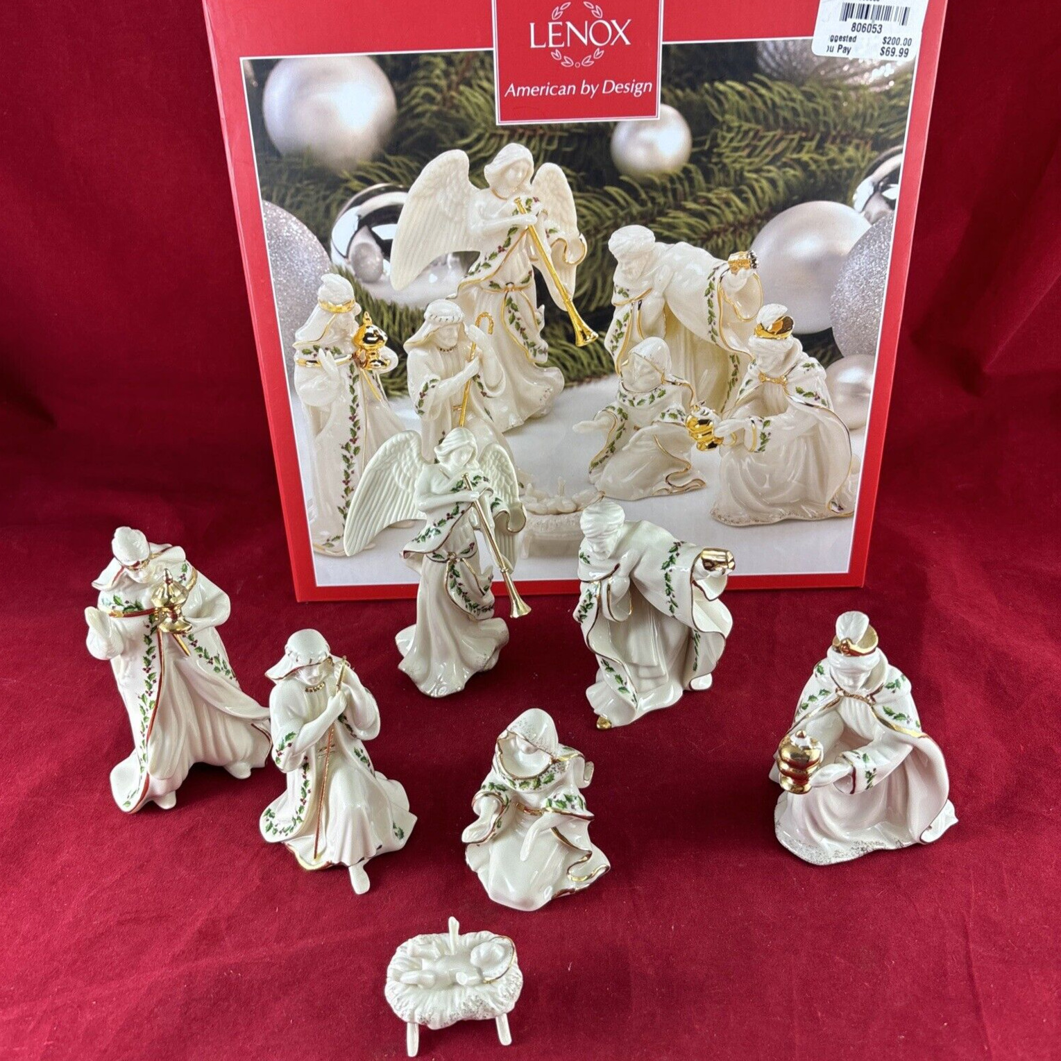 Lenox Holiday 7 Piece Nativity Set Miniature Christmas Figures Holly/Gold Accent