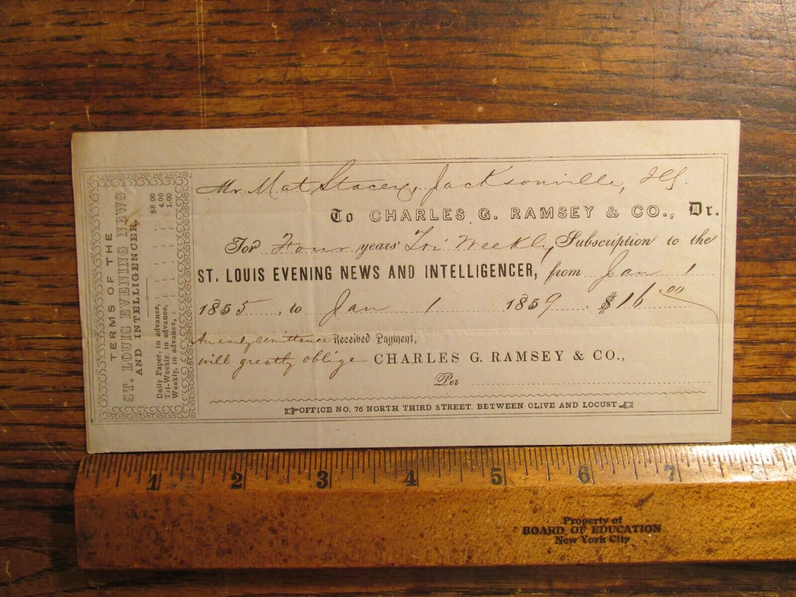 Antique Ephemera 1859 St Louis Evening News & Intelligencer Newspaper Receipt
