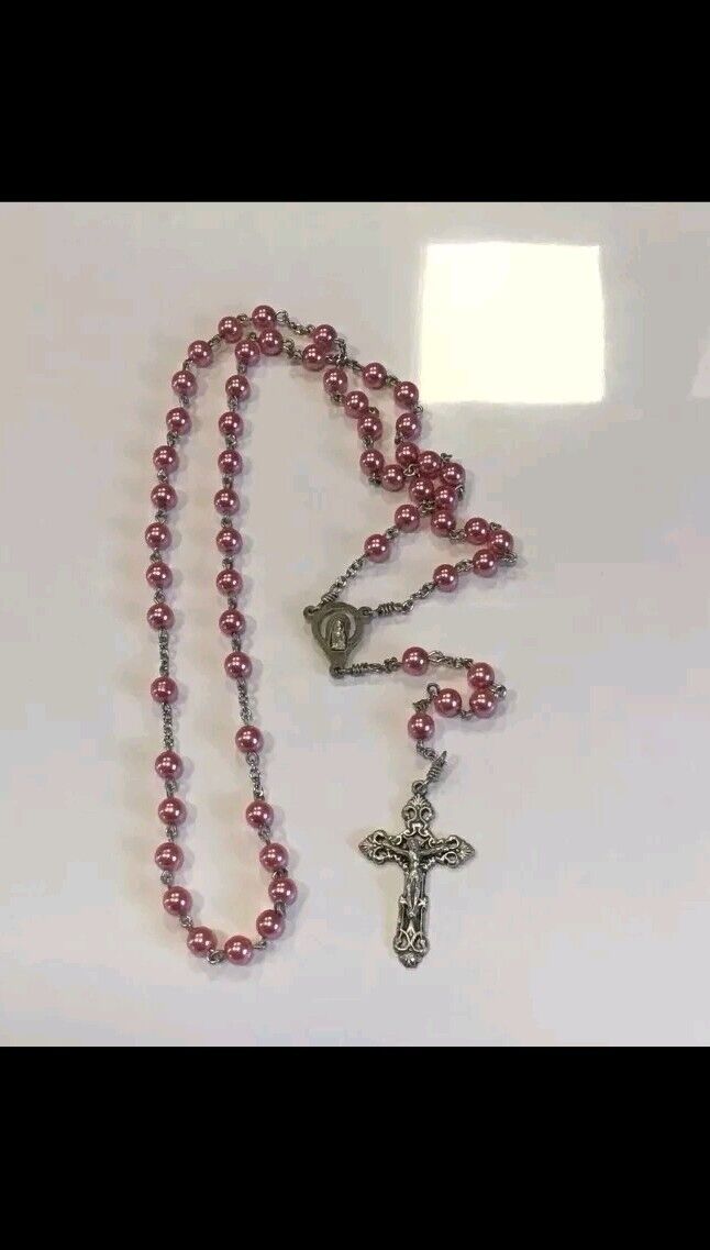 Vintage Rose Pink Beads Rosary Italy Gorgeous Crucifix /Jesus / Mary / Catholic 