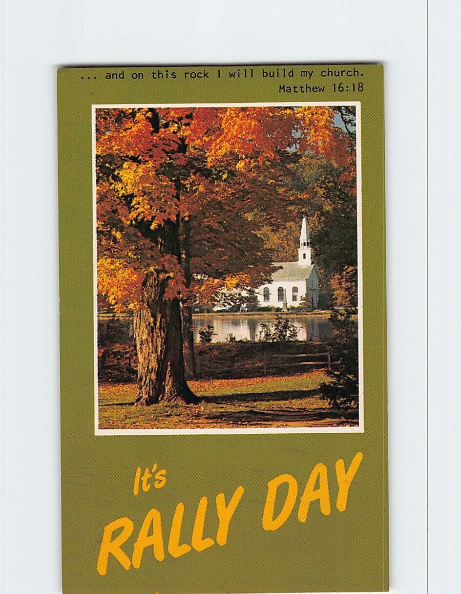 Postcard Rally Day Invitation Card with Bible Verse, Nature Lake Church Scenery