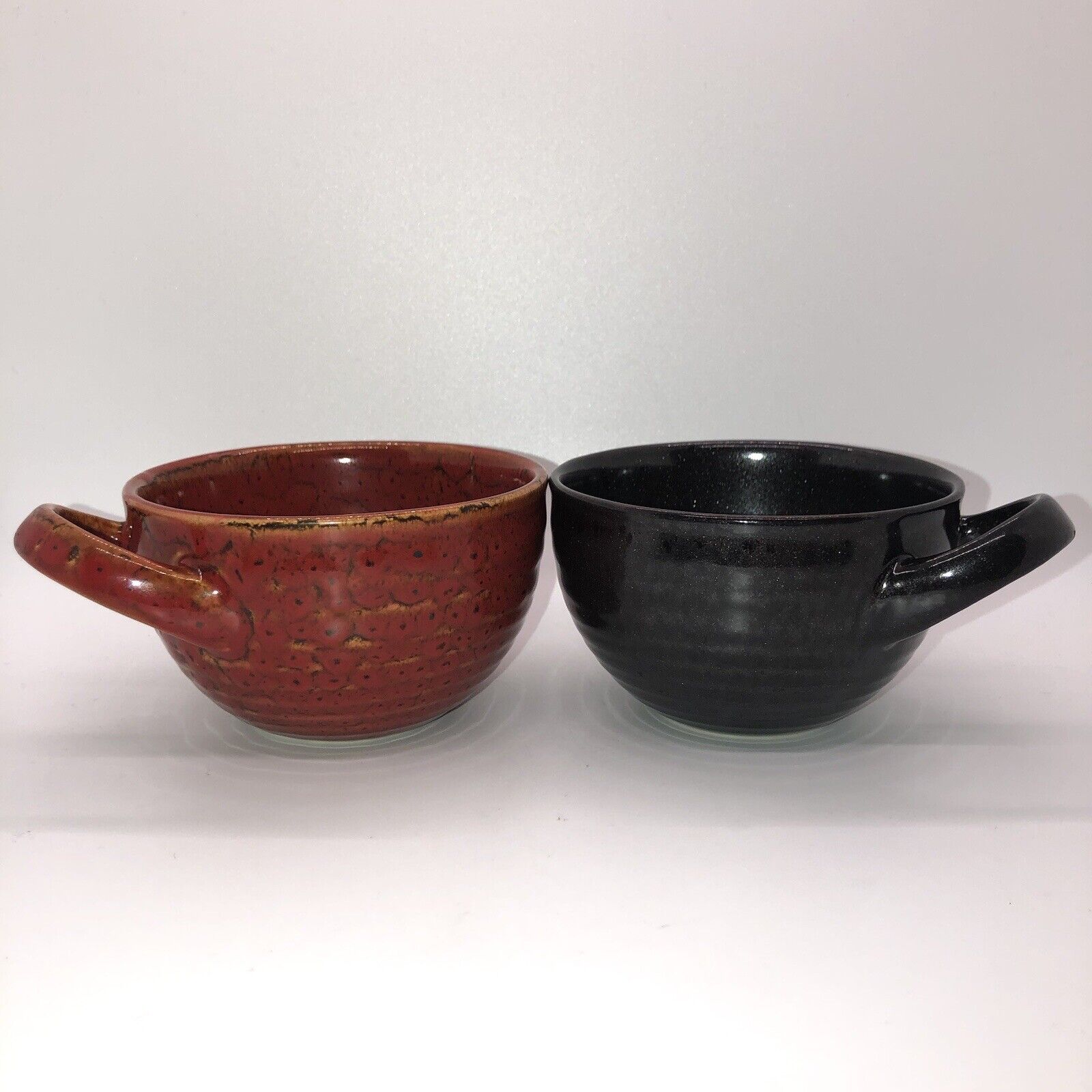 Set of 2 - 2011 Starbucks Hand Painted Red & Black Pottery Mug Cup Rice Bowl 8oz