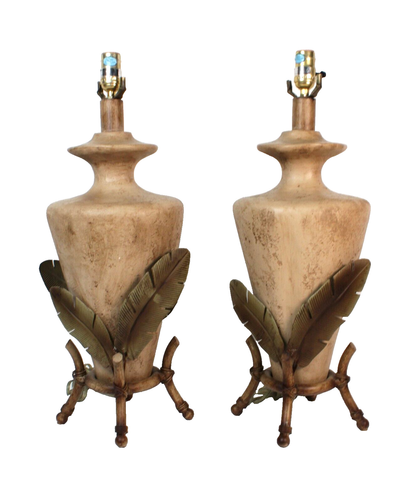 Pair Of Vintage Metal Palm Leaf Bamboo Natural Stone Style Ceramic Table Lamps