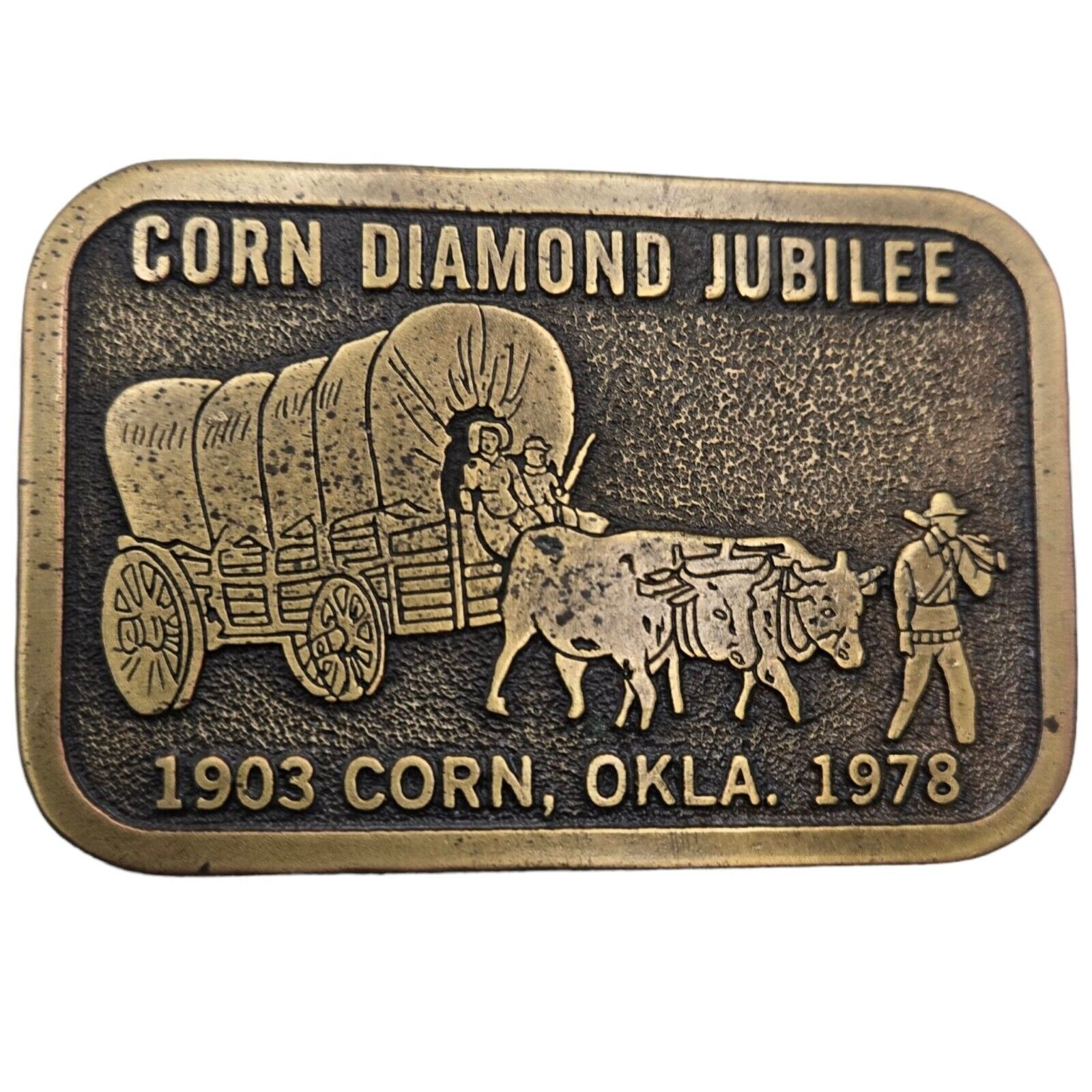 Corn Oklahoma Belt Buckle Diamond Jubilee OK Western Wear Pioneer Covered Wagon
