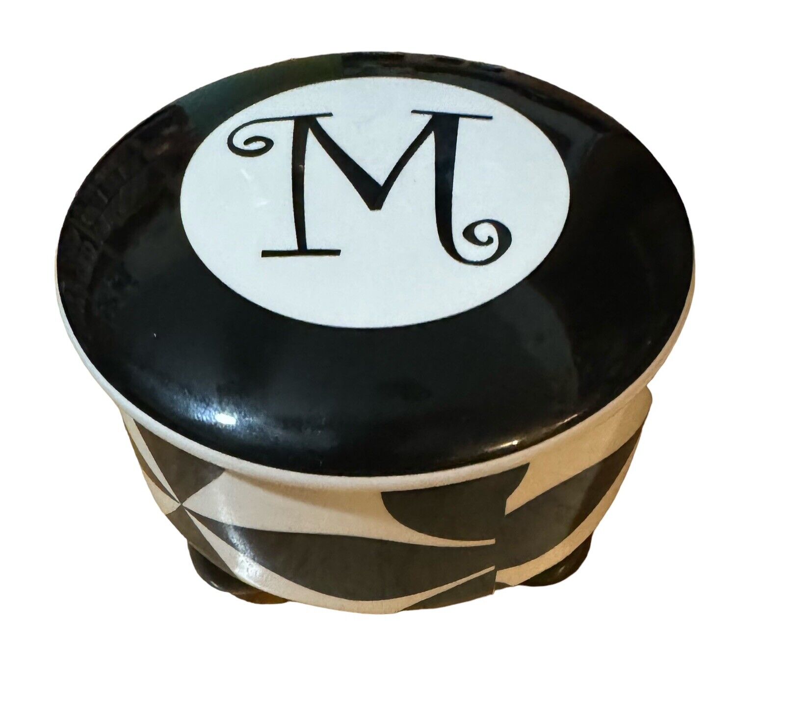 Tumbleweed Pottery Black & White “M” Initial Ceramic Round Trinket/Jewelry Box
