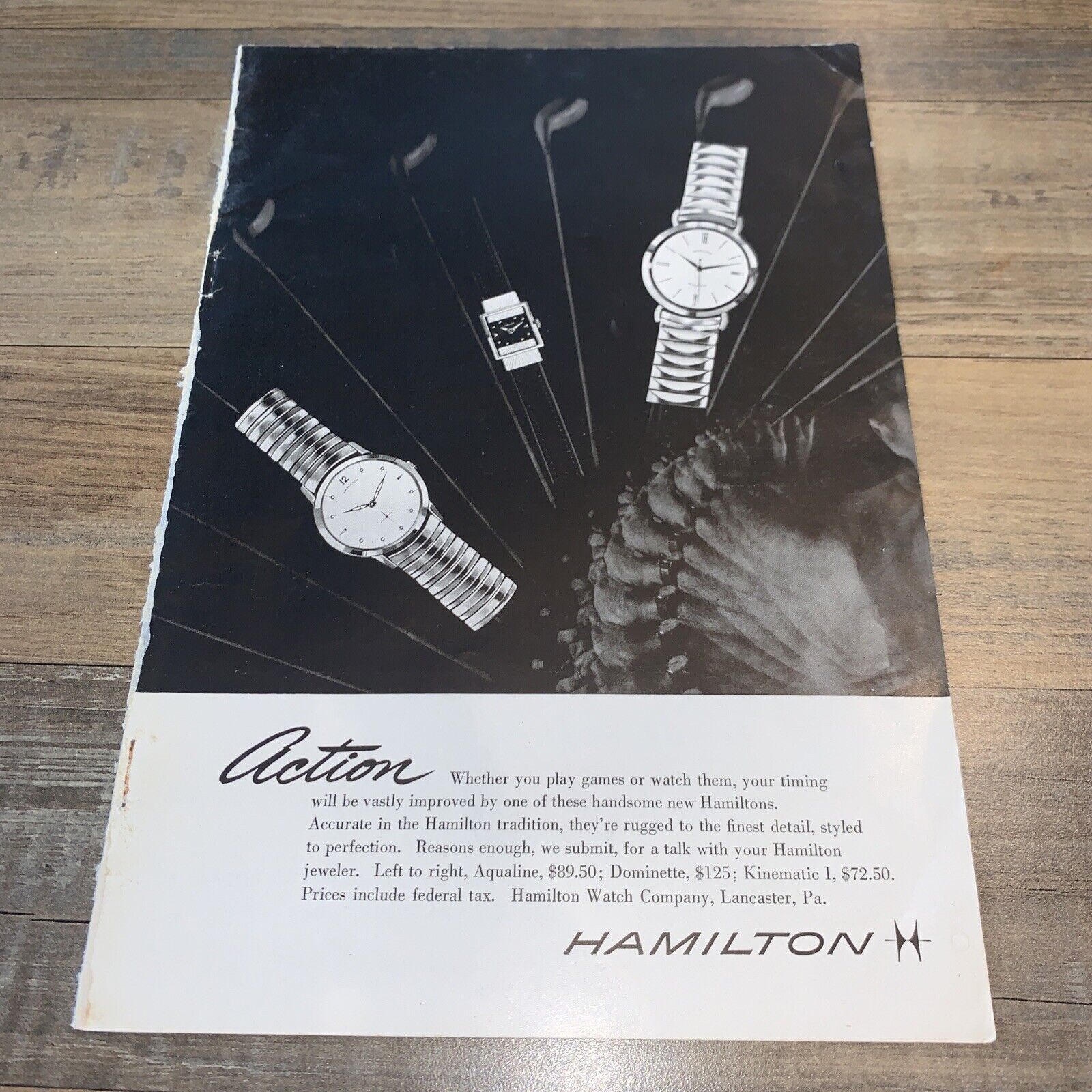 1957 Hamilton Watch Vintage Print Ad Golf Clubs Action Black White Lancaster PA