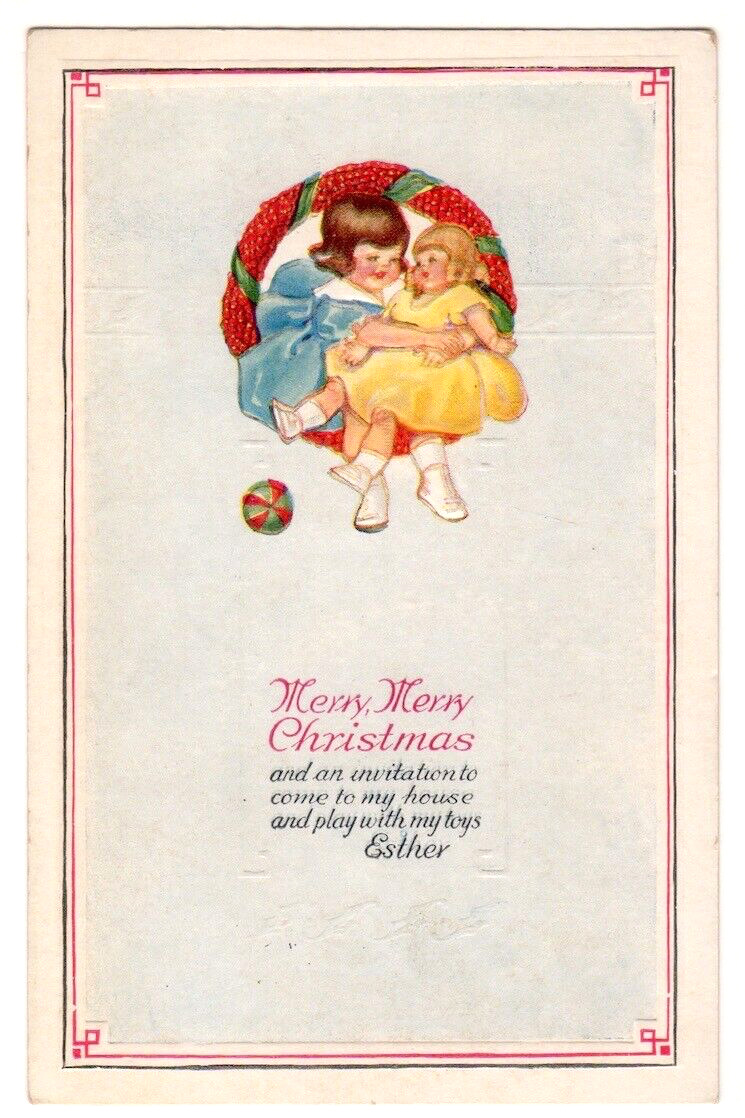 Merry Merry Christmas Greetings c1920's young girl and her doll, embossed