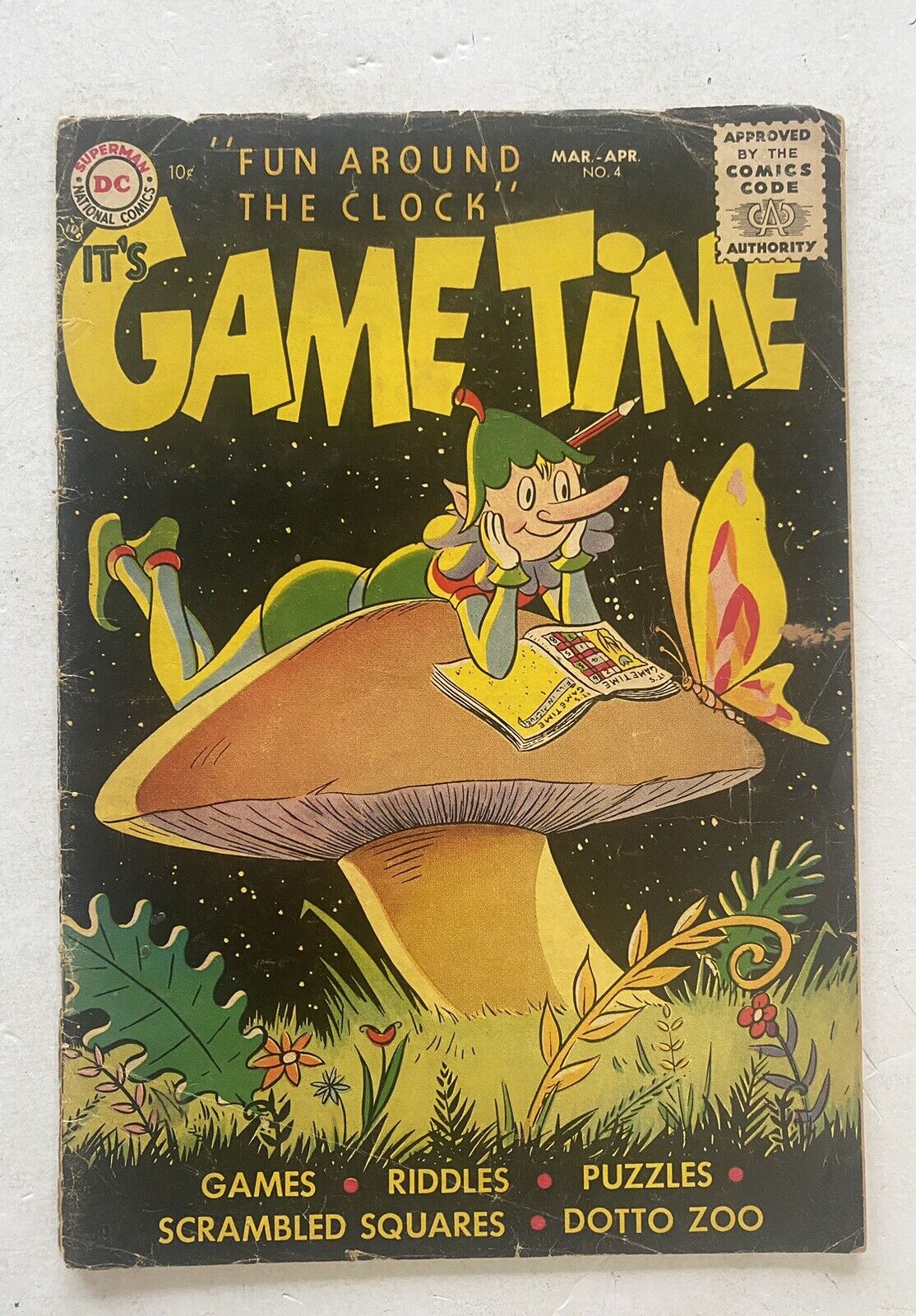 IT’S GAME TIME #4 Great “Trippy” Mushroom  Black Cover 1956 DC Comics RARE ISSUE