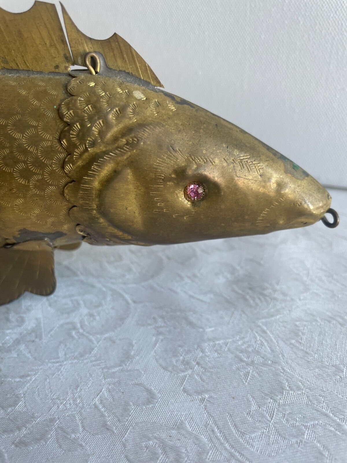 Brass Articulated Fish With Pink Eyes Rare Vintage 13.5\