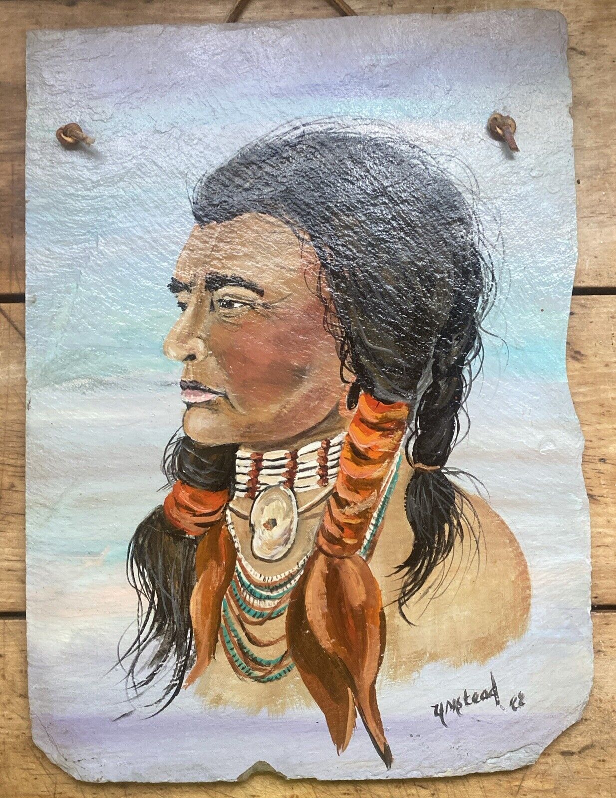 Original Hand Painted On Slate Indian Warrior  Signed 1988 Almost 13” By  9”