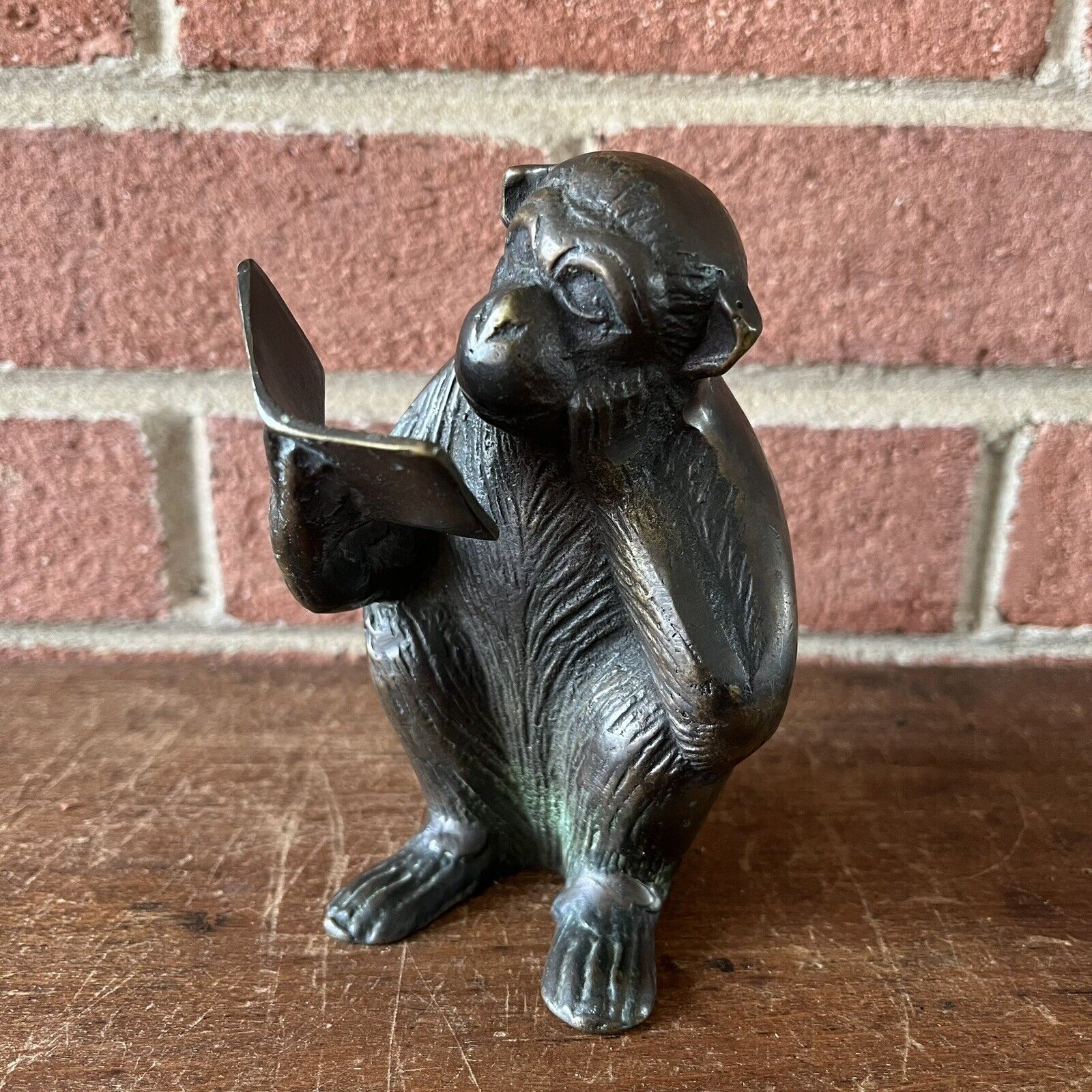 Vintage Monkey Reading Book Brass Figurine Decor 5” Heavy Made in Korea