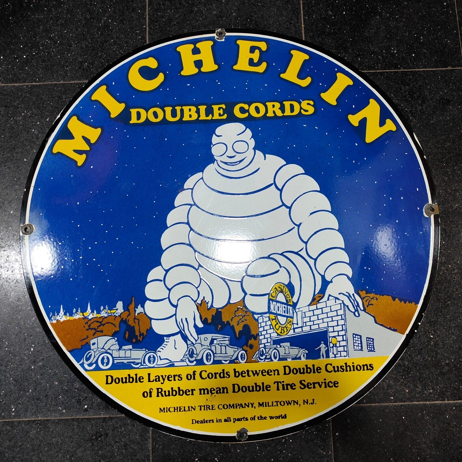 MICHELIN DOUBLE CARDS PORCELAIN ENAMEL SIGN 30 INCHES ROUND