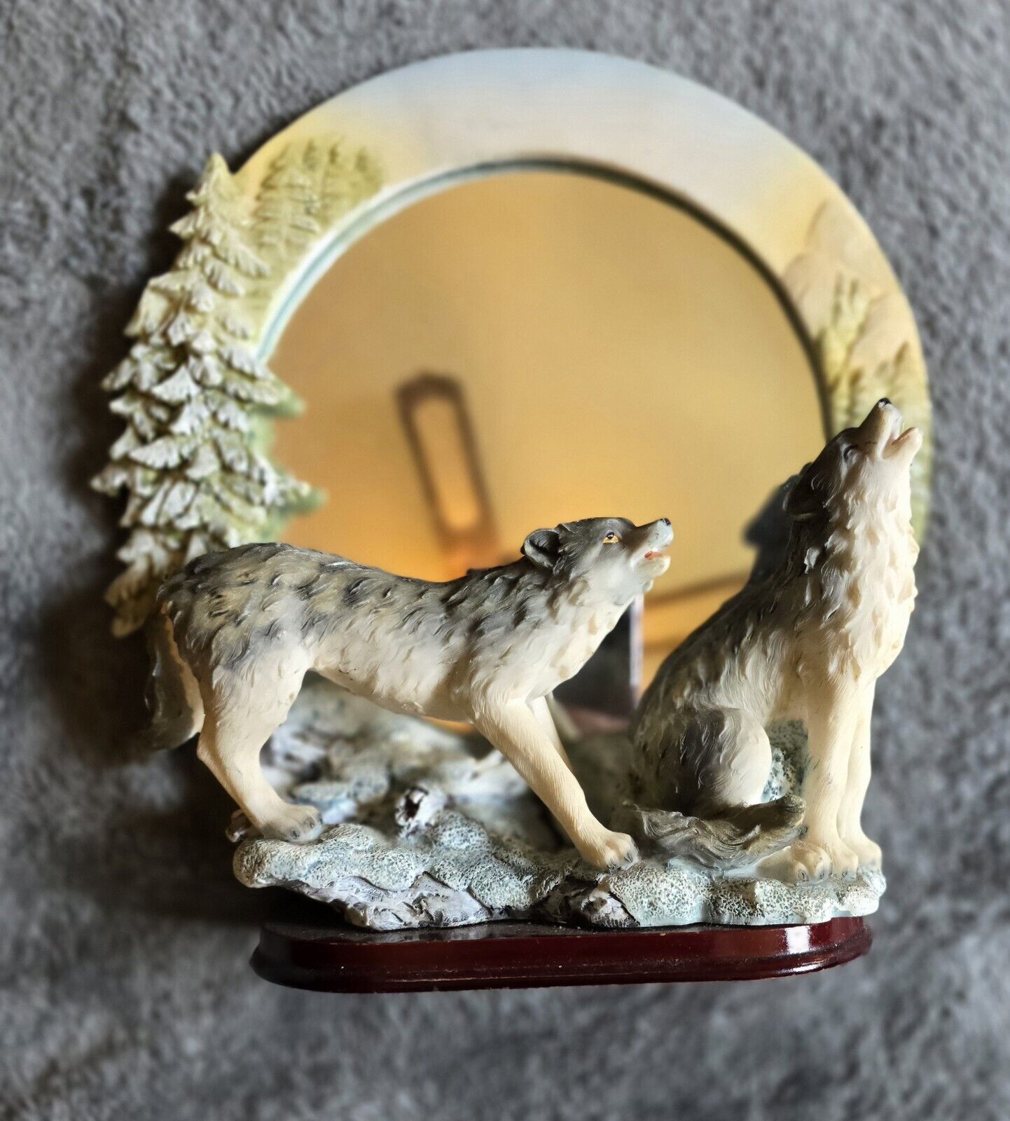 Vintage Howling Wolf Figurine With Mirror And Base