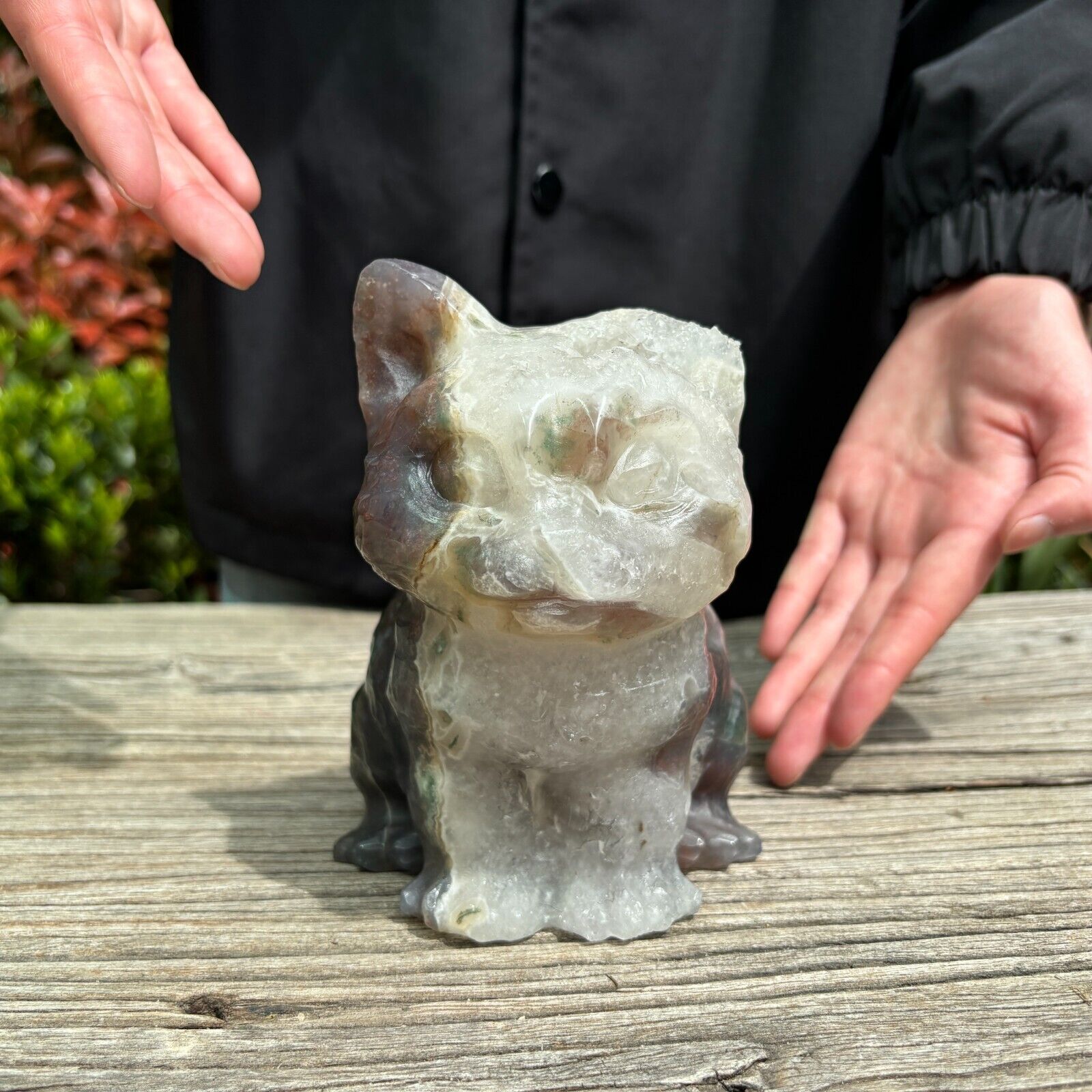 5.3LB 3.7\'\' Natural Moss Agate Happy Cat Statue Quartz Crystal Carving Healing