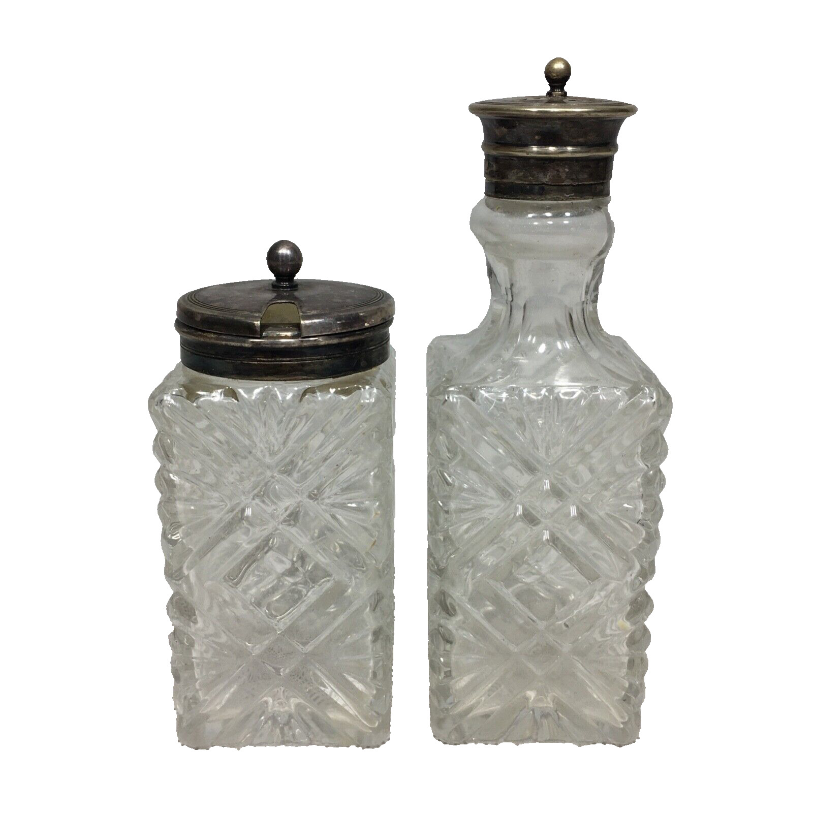 Mustard Jar Hinged Lid & Shaker Bottle Vintage Glass Square Condiment Set