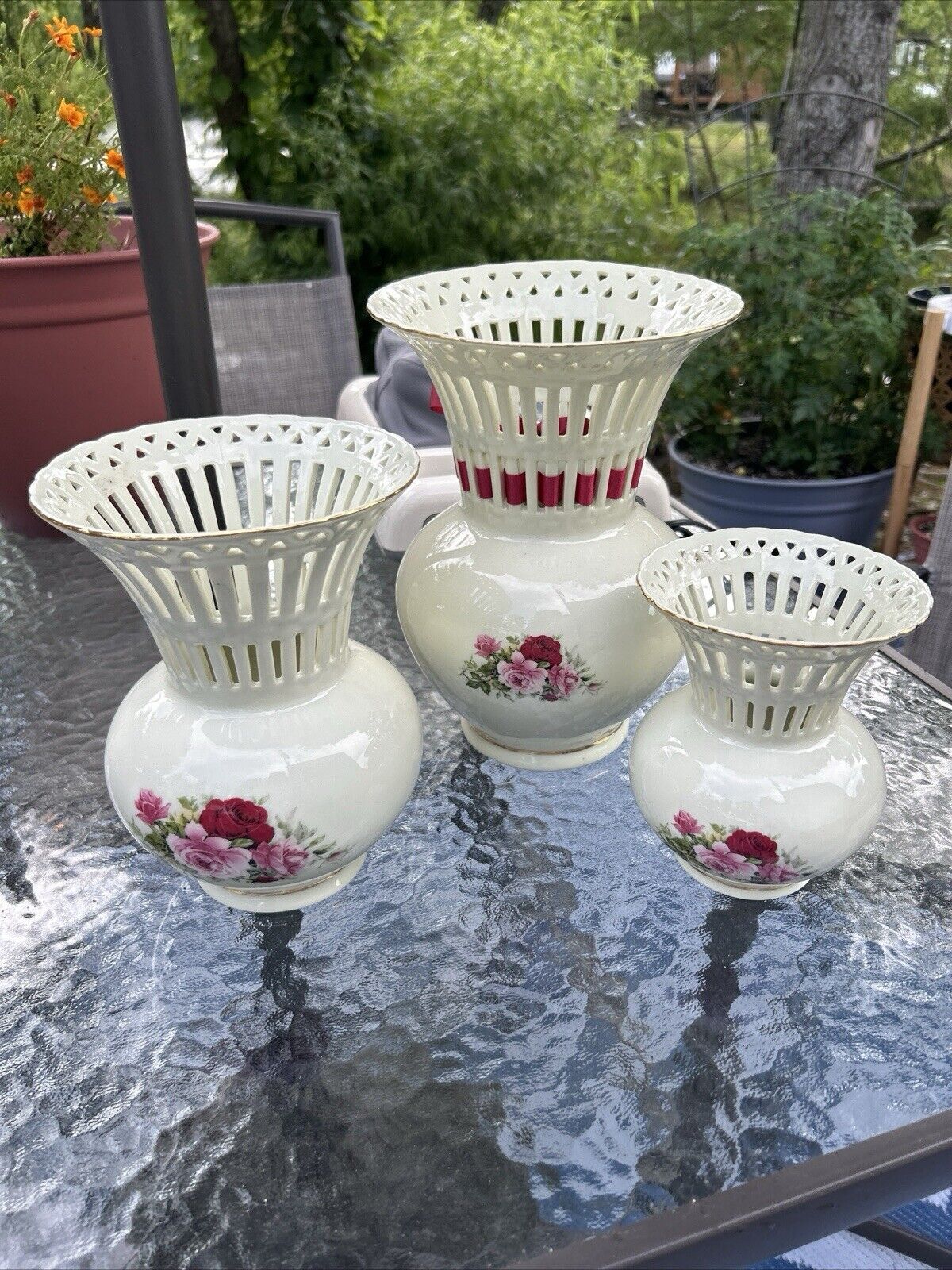 Set/3 Formalities Baum”Victorian Rose Ceramic Vase’s VTG Granny Sheek Cottage