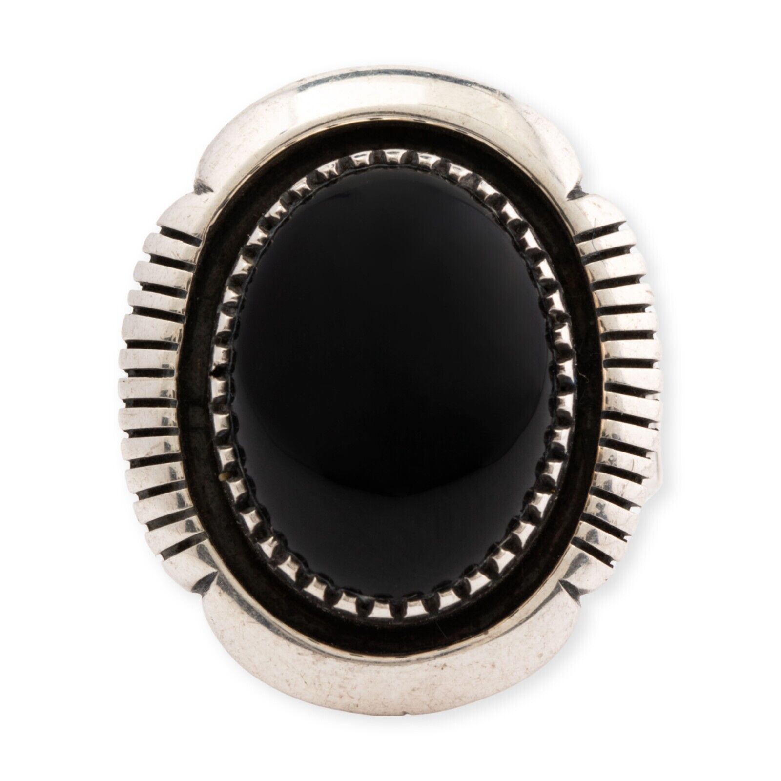 NATIVE MIKE STERLING SILVER BLACK ONYX FILE WORK RING 7